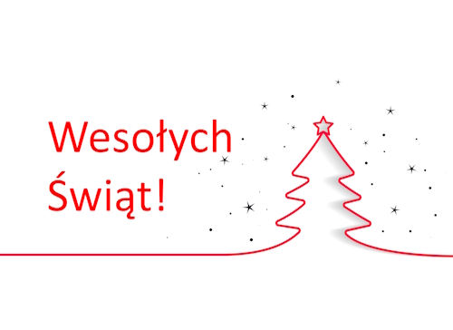 Kartka świąteczna a na niej zarys choinki oraz napis Wesołych świąt na białym tle
